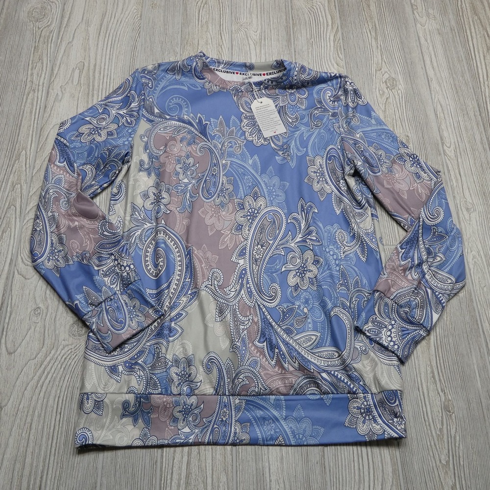 Exclusive Top Womens Medium Blue Paisley Long Sleeve Performance Stretch NWT‎